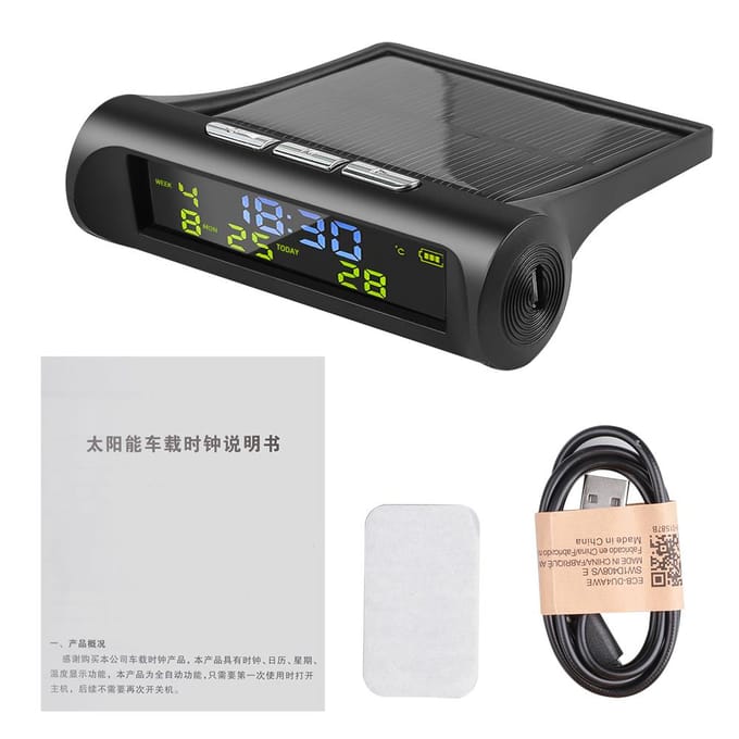 Zonne-autoklok met LCD-scherm Tijd Datum Temperatuurweergave in de auto Auto-interieuraccessoires Auto-onderdeel black