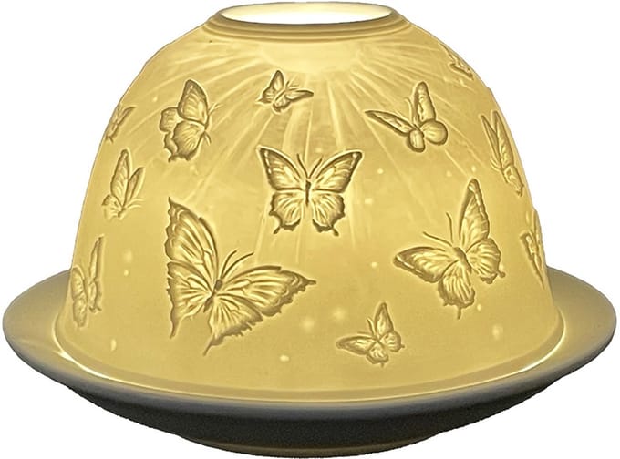 Clayre & Eef Waxinelichthouder Ø 12x8 cm Wit Porselein Vlinders