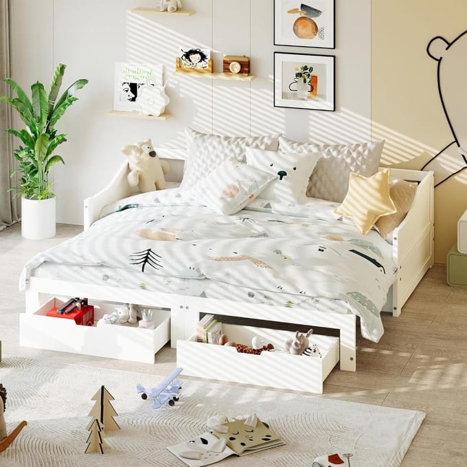 Slaapbank Uitschuifbaar - Bank Bed - Ruimte Besparen - Massief Houten Frame - 90/180x200CM - Wit