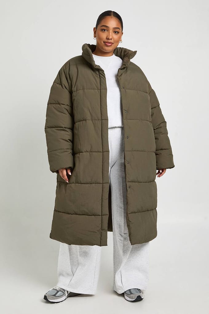 boohoo Dames Plus Pufferjas met band op taille | Khaki | Maat: 16