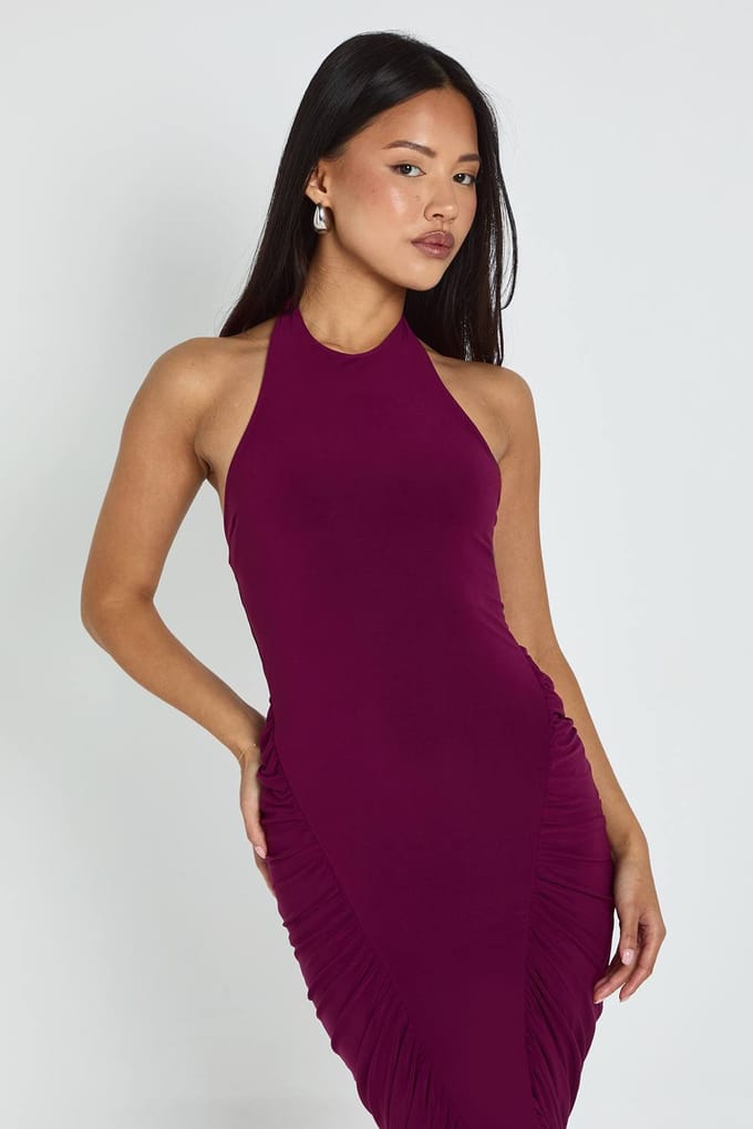 boohoo Dames Petite geraffelde panel halterneck midaxi-jurk | Pruim | Maat: 42