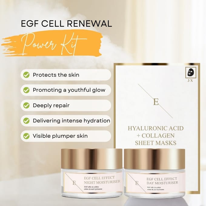 EGF Cell Effect Dag Moisturiser 50ml+EGF Cell Effect Nacht Moisturiser 50ml + Hyaluronzuur & Collageen Masker - 3 vellen