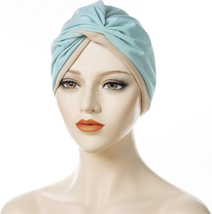 Cabantis 2 color Hijab - Hoofddeksel - Islamitisch - Tulband - Muts - Chemo - Beige & Pastelblauw