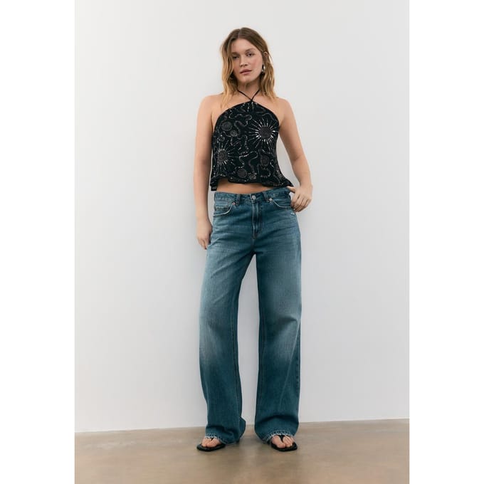 Stradivarius Top halter geborduurd  Zwart S