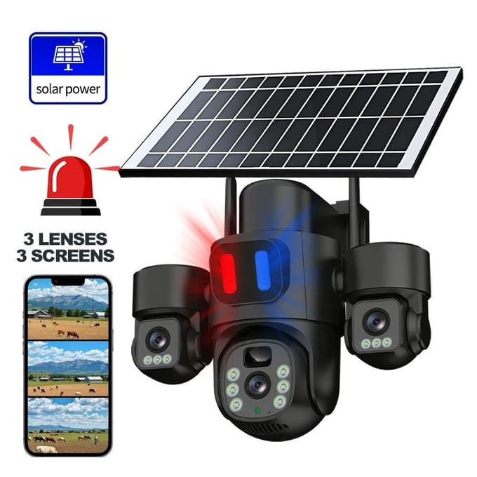 Caméra de sécurité solaire 3 objectifs rotation 360 étanche pour extérieur sans angles morts gray