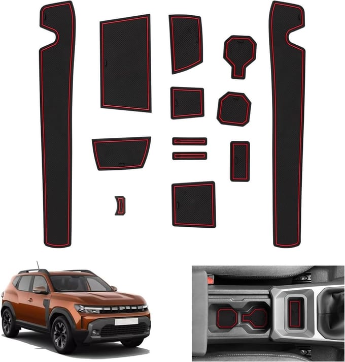 Non-slip rubberen matten voor Dacia Duster 3 - Voor middenconsole, bekerhouder en deurnaad - Rood en duurzaam