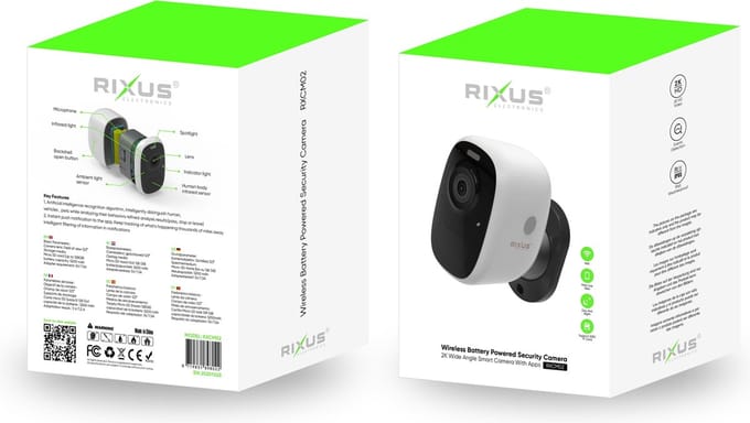 Rixus RXCM02 Wireless Battery Powered Security Camera - Accessoires - Webcam - Draadloos - Batterij Powered