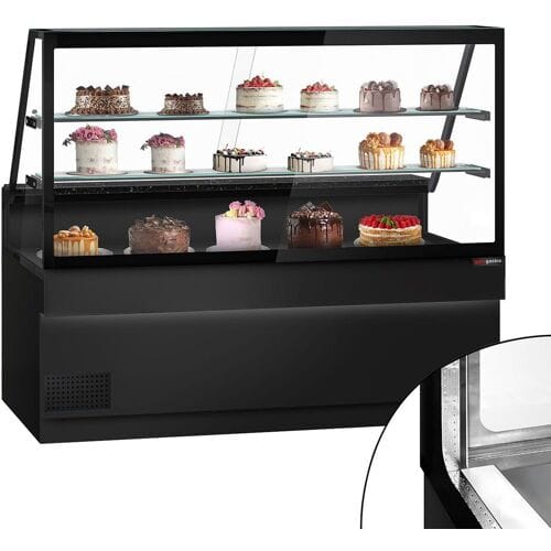GGM Gastro Koeltoonbank TORONTO - 2000x880mm - kleur zwart - dubbel glas - opstand - met 2 legborden - granieten werkblad zwart