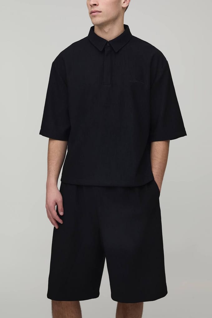 Oversized Polo Met Golvende Textuur & Lange Relaxed Short Set | Black | Size Medium