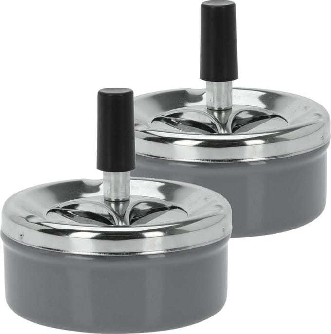 Set van 2x stuks druk en draai tafel asbak metaal antraciet en chrome 9 x 5 cm