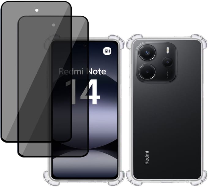 TechNow Hoesje + 2x Privé Screenprotector geschikt voor Xiaomi Redmi Note 14 – Privacy Tempered Glass - Case Transparant