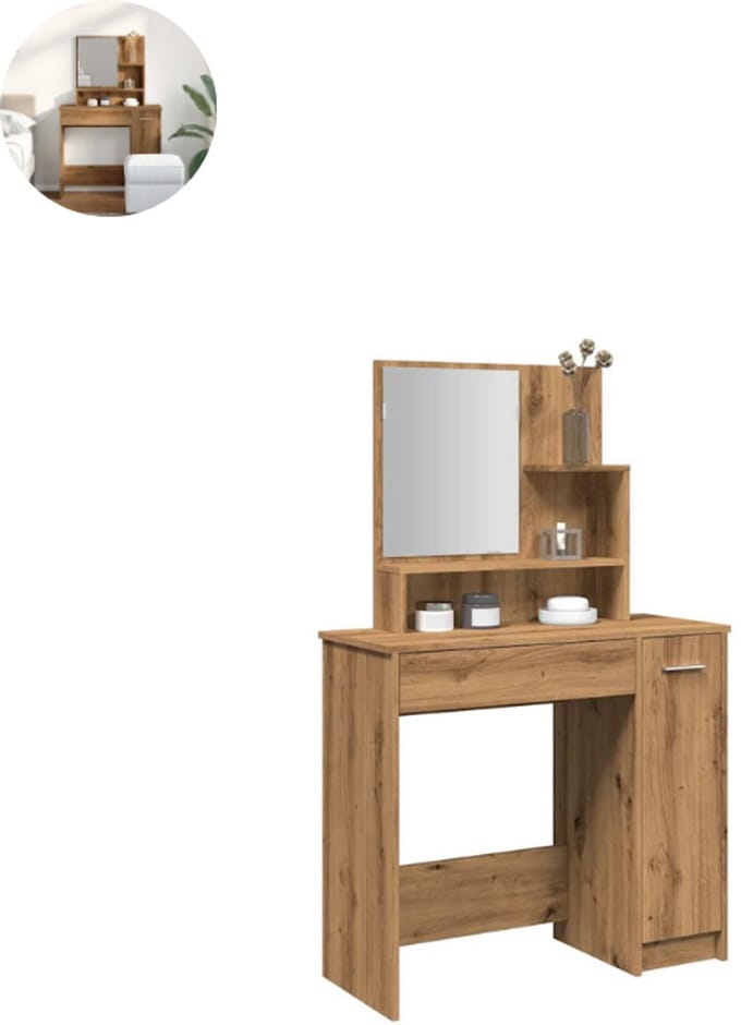 Kaptafel met spiegel - Make up tafel - Make up - Toilettafel - Met lades - Artisan Eiken