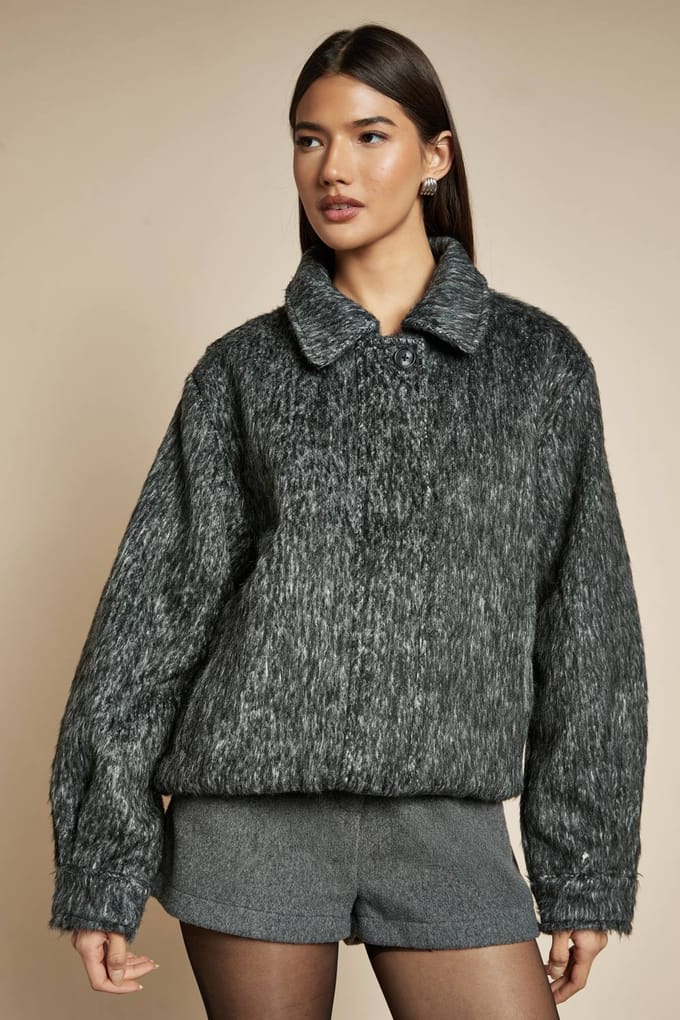 boohoo Dames Bomber met premium wollook | Charcoal | Maat: 10