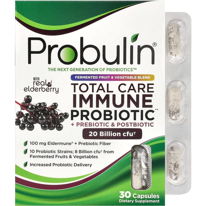 Probulin, Total Care Immune Probiotic + Prebiotic & Postbiotic, contient du sureau véritable, 20 milliards, 30 capsules (20 milliards d'UFC par capsule)