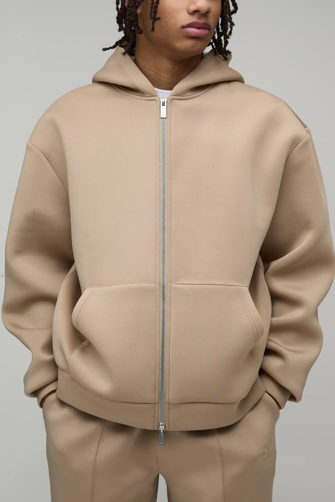 Oversized Boxy Bonded Scuba Zip Through Hoodie | Taupe | Size Medium