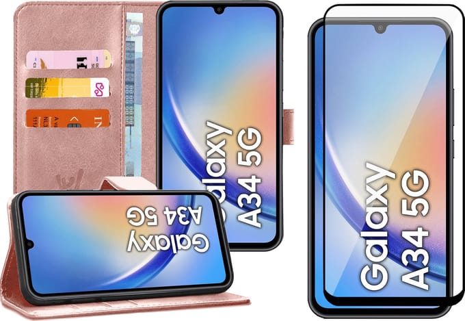 Hoesje geschikt voor Samsung Galaxy A34 - Screen Protector FullGuard - Book Case Kunstleer Pasjeshouder Roségoud & Screenprotector