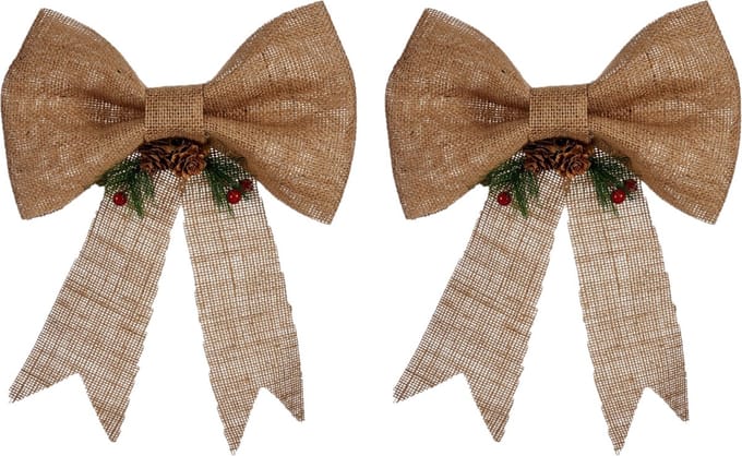 Kerstornament - 2x stuks - strik - jute - beige - kunststof - 25x26 cm - kerstboomversiering