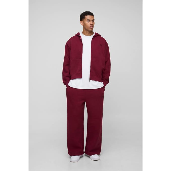 Oversized Boxy Men's Trainingspak met Capuchon, Ritssluiting en Wijde Pijpen | Burgundy | Size Medium