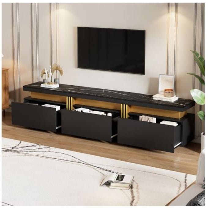 Meuble TV - MUVOE - Moderne - Aspect marbre - 200 x 40 x 42 cm - Support jusqu'à 90 pouces