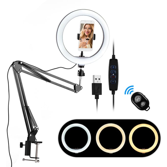 Mini anneau lumineux LED de 10 pouces, éclairage d'appoint pour photographie, 3 modes d'éclairage, intensité variable, alimentation USB noir