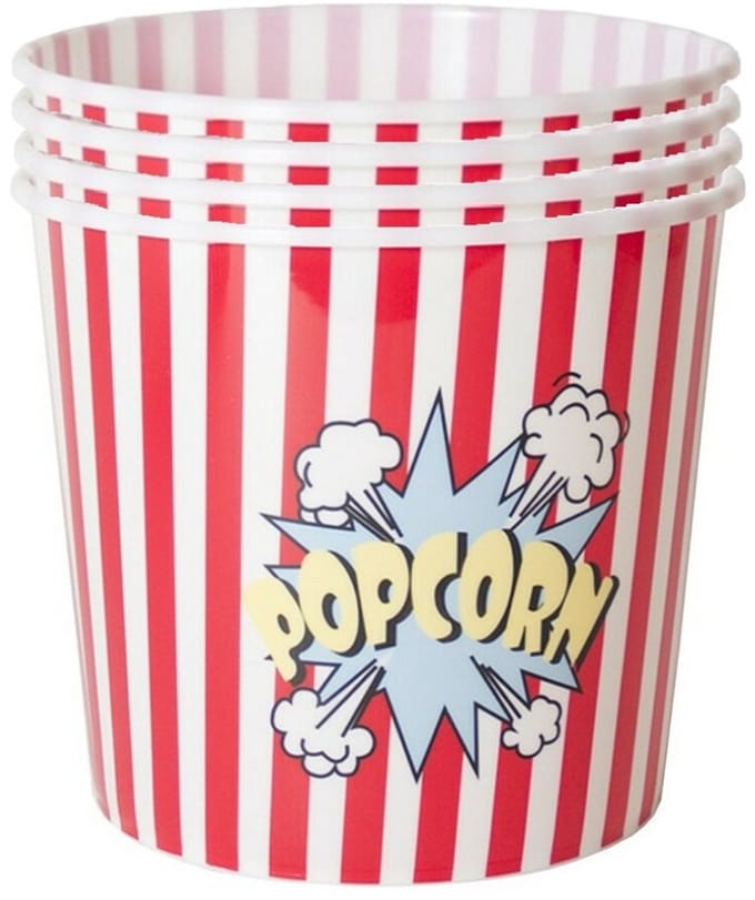 Gerimport Popcorn bak - 4x - rood/wit - kunststof - D24 - 9 liter - herbruikbaar