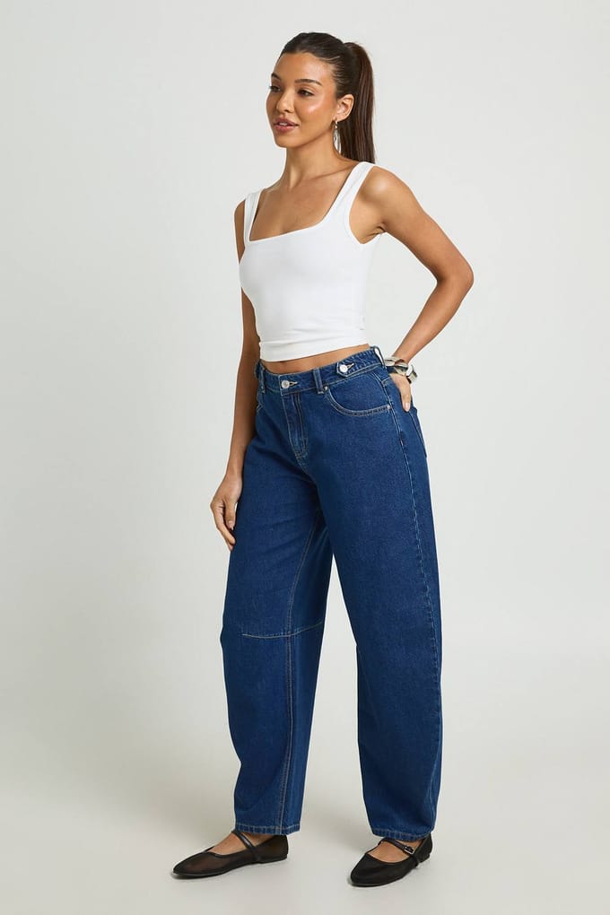 boohoo Dames Hoge Taille Loose Fit Barrel Jeans | Indigo | Maat: 34