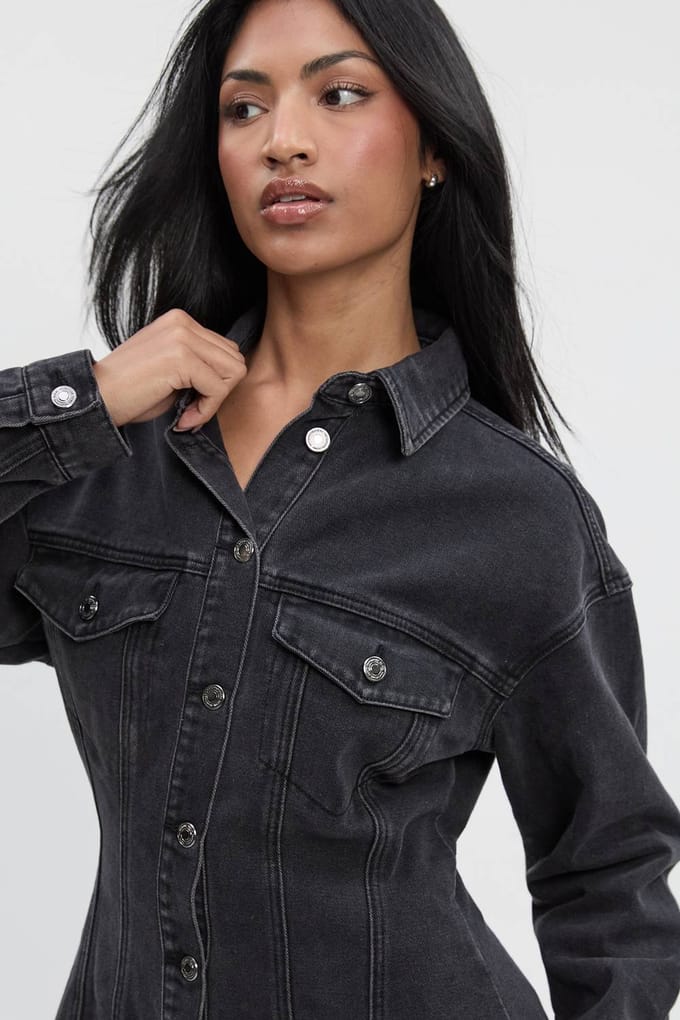boohoo Dames Denim jasje met getailleerde taille | Washed Black | Maat: 14