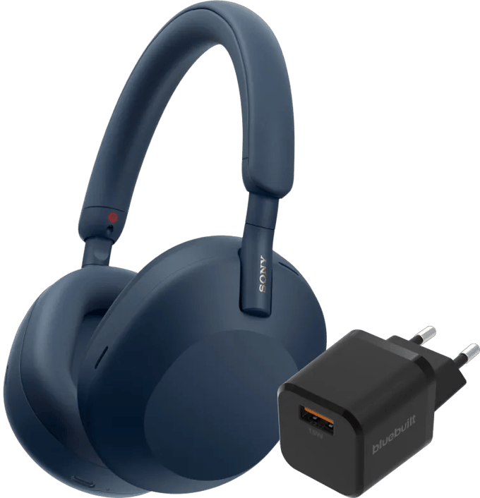 Sony WH-1000XM5 Blauw + BlueBuilt Quick Charge Oplader met Usb A Poort 18W Zwart