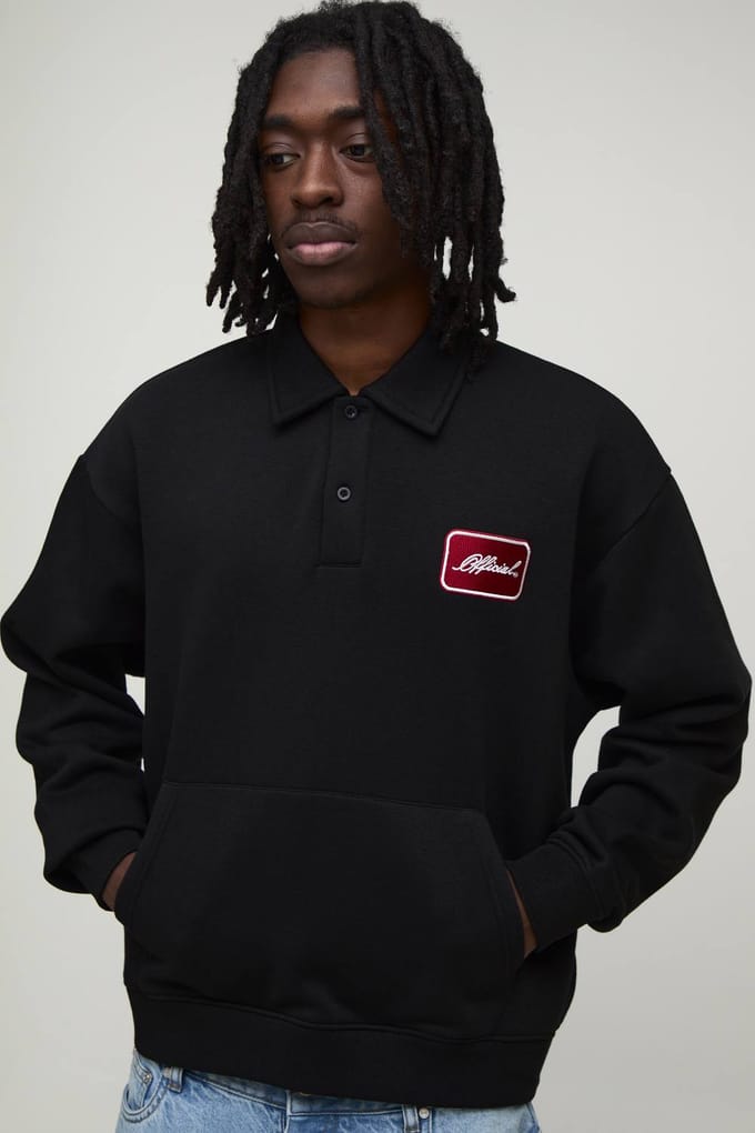 Heavyweight Oversized Boxy Embroidered Badge Polo Sweater | Black | Size Medium