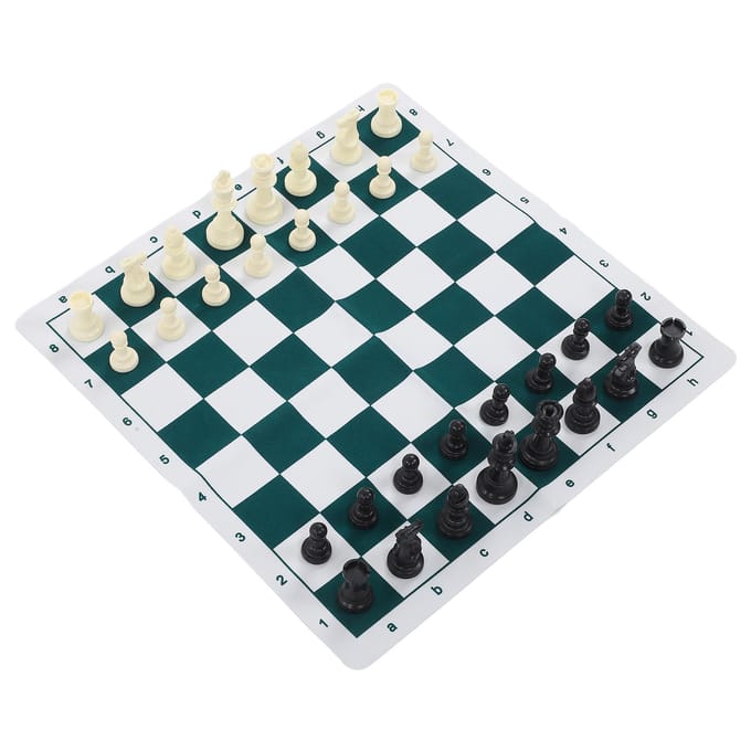 Jeu d'Échecs Set d'Échecs en Plastique Jeu de Société de Bureau avec Plateau en Cuir Artificiel 50x50cm pour Fête Camping Détente white