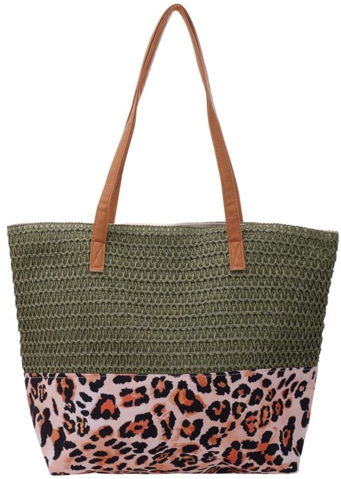 She life style - Strandtas - Beach Bag Woven Leopard - 47x36x13cm - Groen