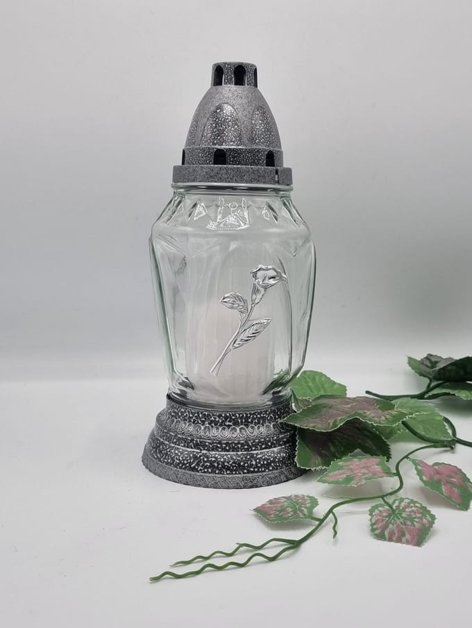 Herdenkingslicht - R519D - Zilver - Calla - Grafkaars - Graflicht - Graflantaarn - Grafdecoratie - Windlicht