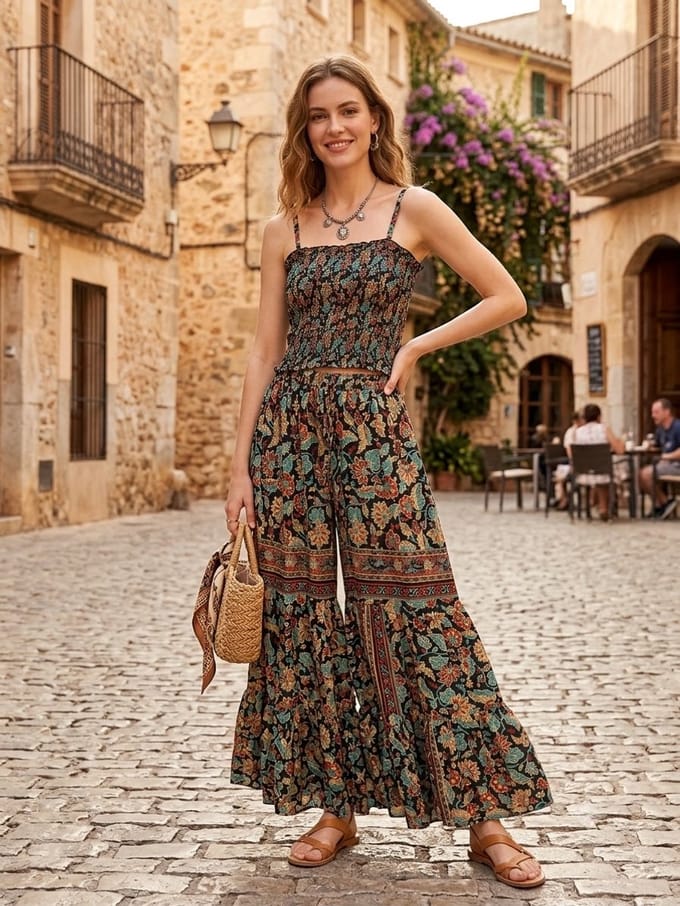 Dames Kleding set - Top met broek - 1018 - One size (36-40) zwart/rood/groen/geel