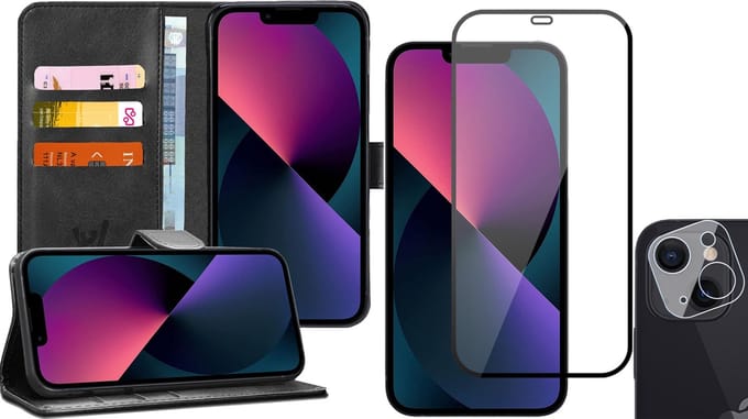 Hoesje geschikt voor iPhone 13 - Book Case Kunstleer Wallet - Zwart - Met Full Screenprotector en Camera Screen Protector