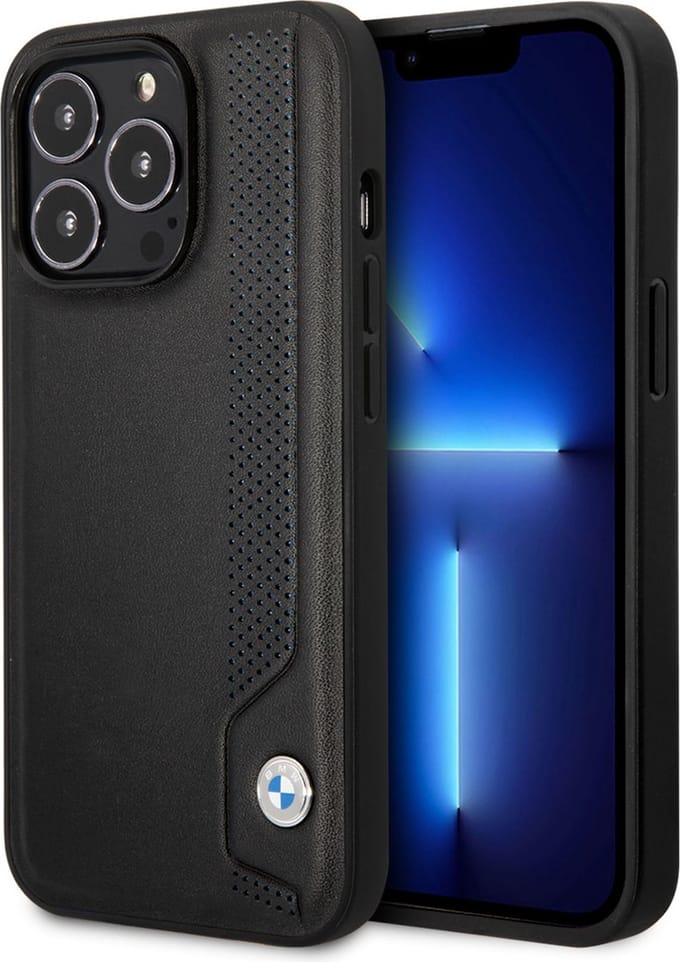 BMW Leather Back Cover Blue Dots - Geschikt voor Apple iPhone 14 Pro Max (6.7") - Zwart