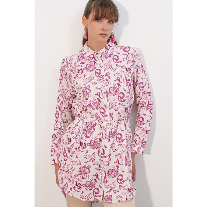 Bloemen Viscose Crepe Geregisseerde Lange Shirt