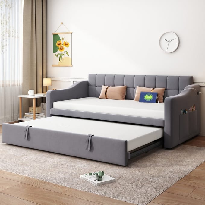 MODFU Bedframe 90x190 cm – grijs fluweel – uitschuifbaar naar 180 cm, met USB-poorten