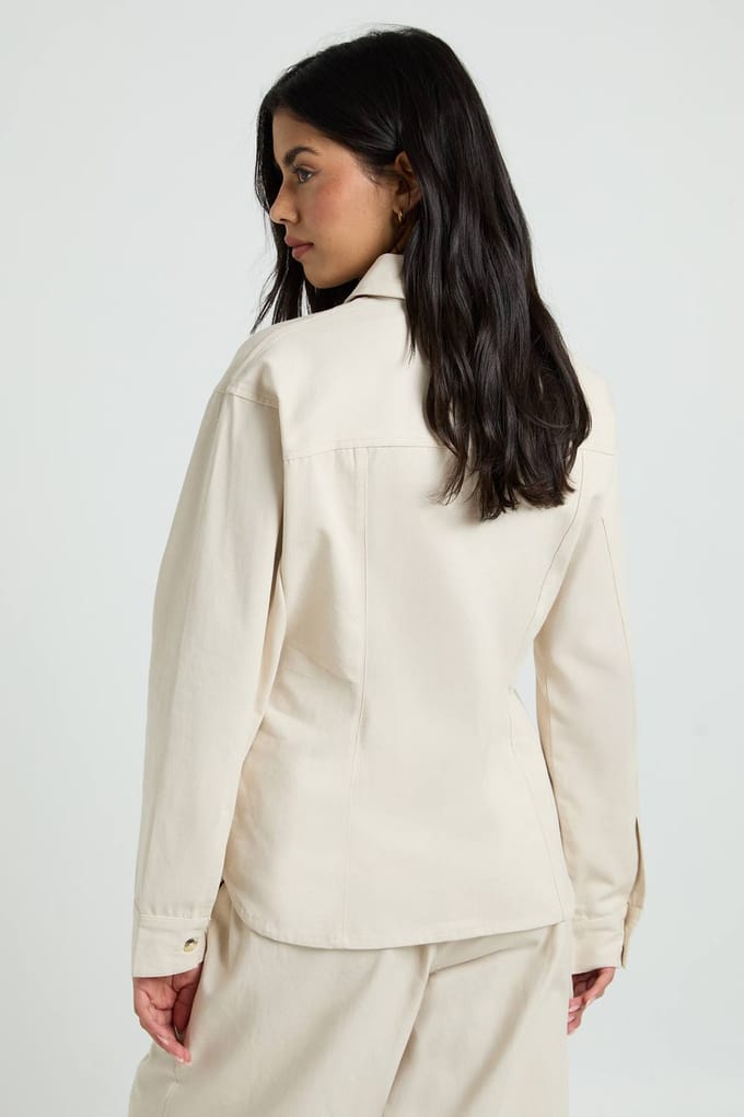 boohoo Dames Chambray Shirt Met Trekkoord | Ecru | Maat: 38