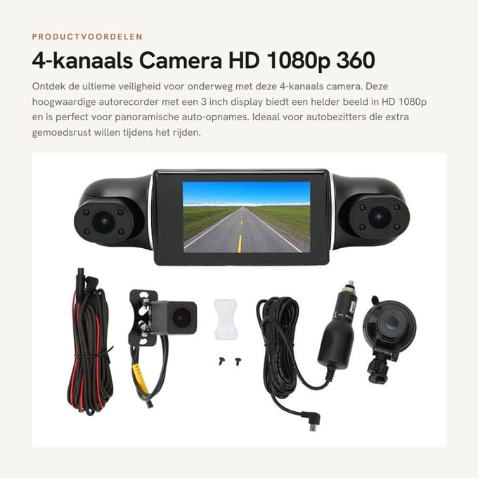 Dailygoods- Autorecorder 4-kanaals - HD 1080P - 3 Inch Display - Bewegingsdetectie - G-sensor - Panoramische Auto-opname - Dashcam