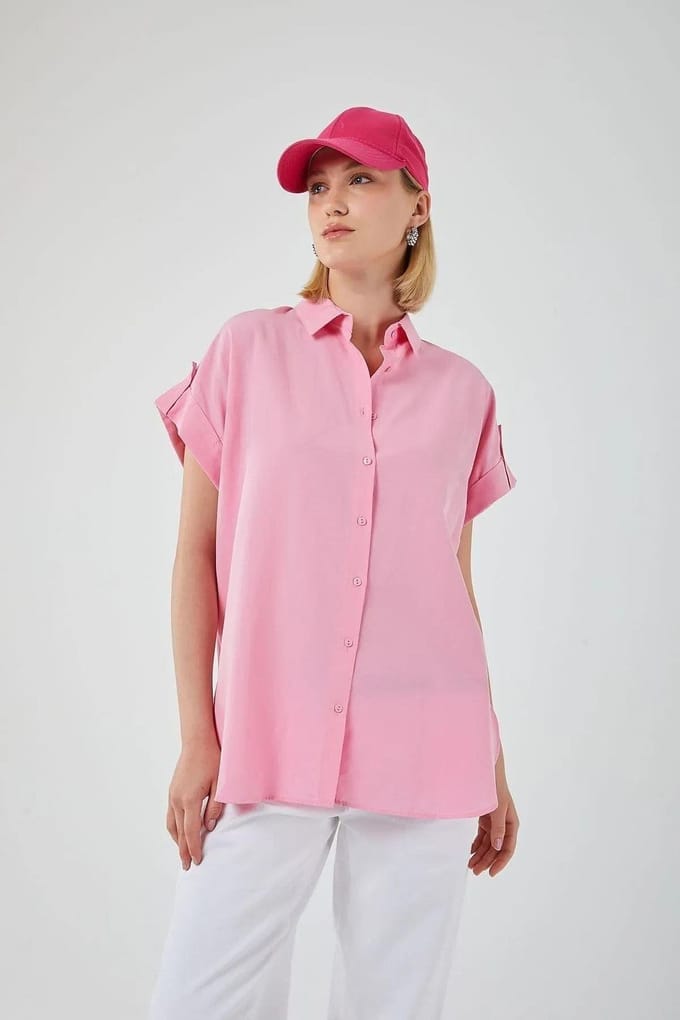 Oversized Korte Mouwen Poplin Overhemd met Knopen