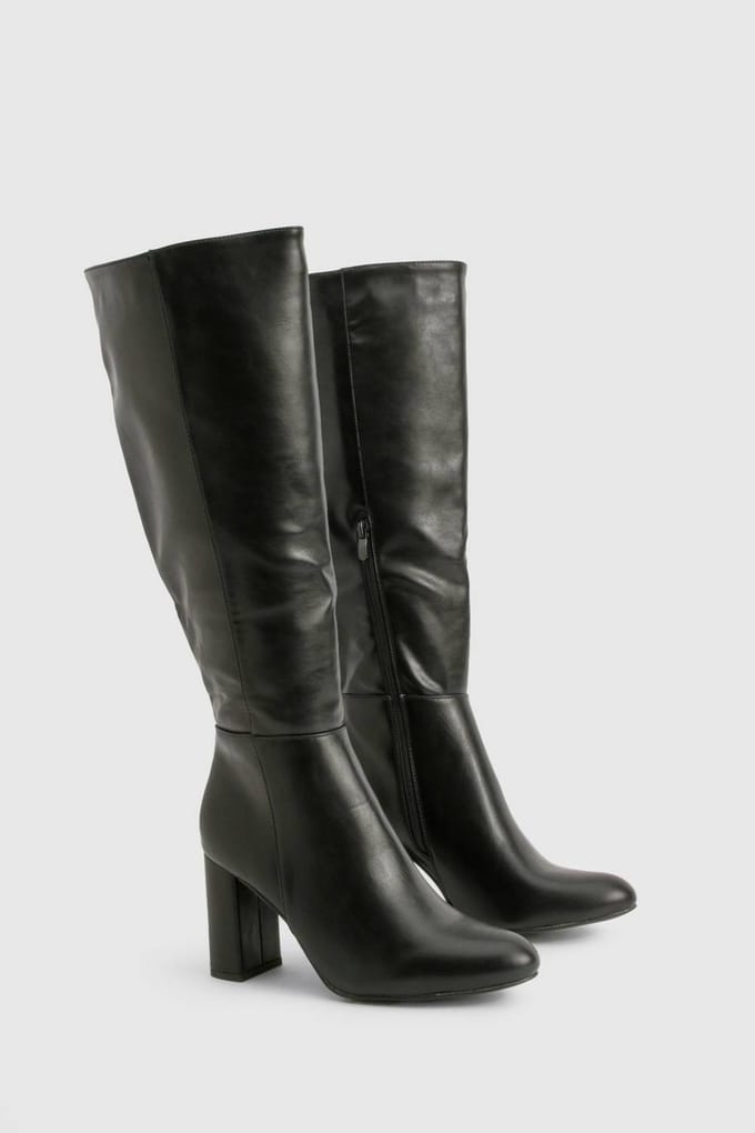 boohoo Dames Wide Fit Block Hakken Over-de-Knie Instaplaarzen | Black | Maat: 4