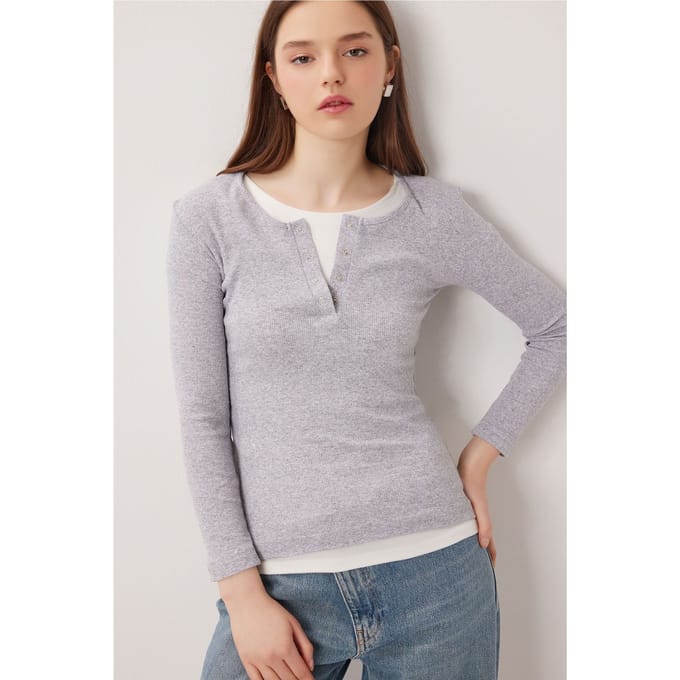 Slim Fit Geribbelde Overhemdblouse met Lange Mouwen