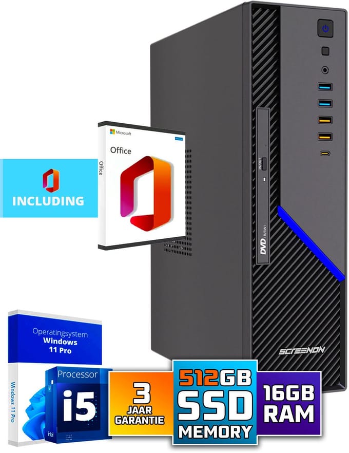 ScreenON Ultra SFF i5 Office PC - Business Office Computer | 16 GB RAM | 512GB SSD M.2 | DVD±RW | Windows 11 Pro | WiFi-Bluetooth | Inclusief Microsoft Office!