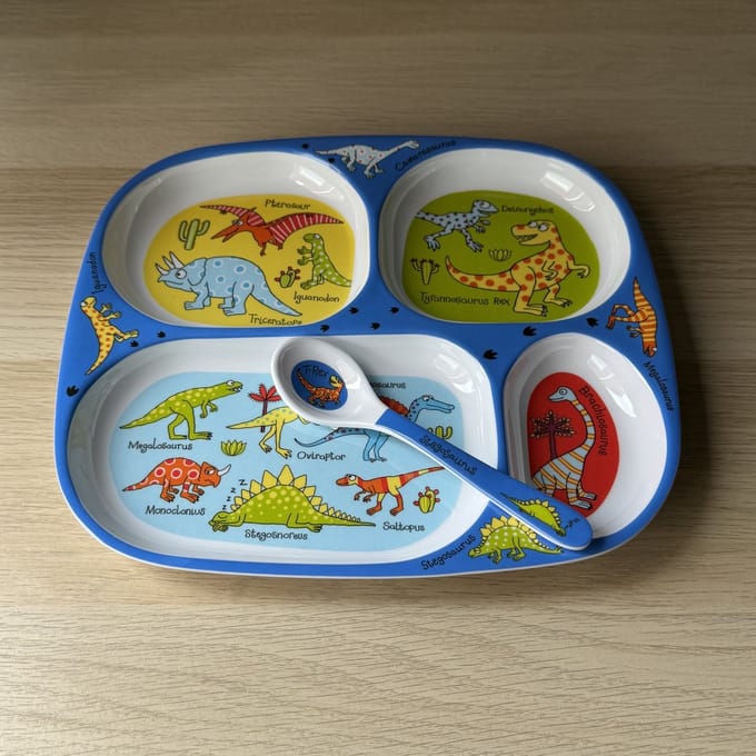 Dino Dinosaurussen kinder melamine servies (vakjesbord met lepel) - Tyrrell Katz