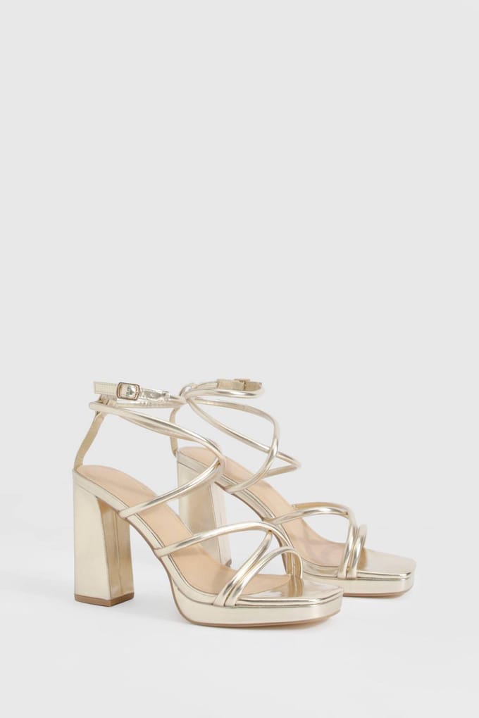 boohoo Dames Metallic Cross Strap Platform Heels | Goud | Maat: 37