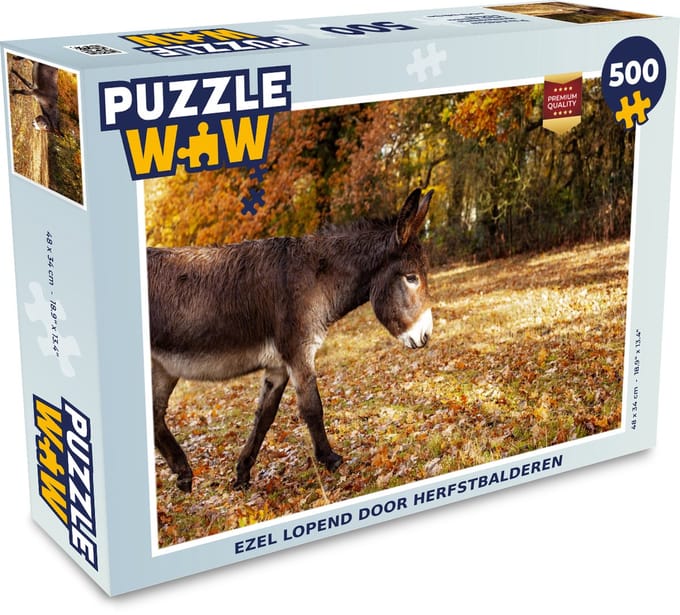 Puzzel Ezel lopend door herfstbalderen - Legpuzzel - Puzzel 500 stukjes