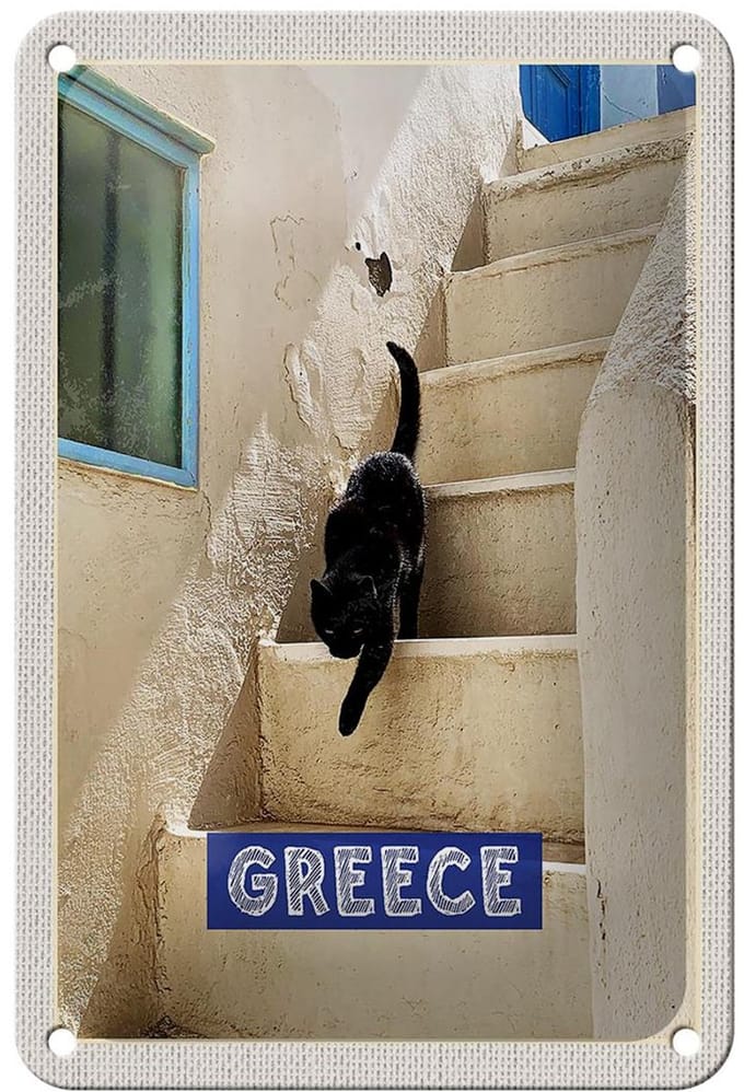 Blechschild Reise 12x18cm Greece Griechenland weiße Treppe Katze Schild