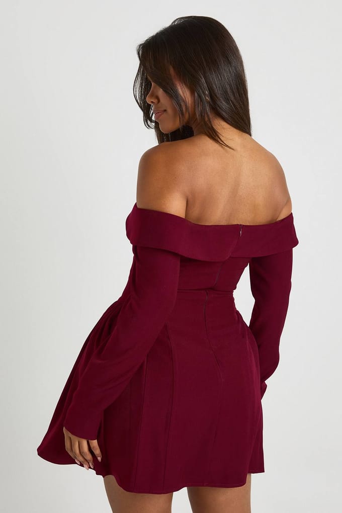 boohoo Dames Lange mouwen Bardot gestructureerde skaterjurk | Plum | Maat: 10