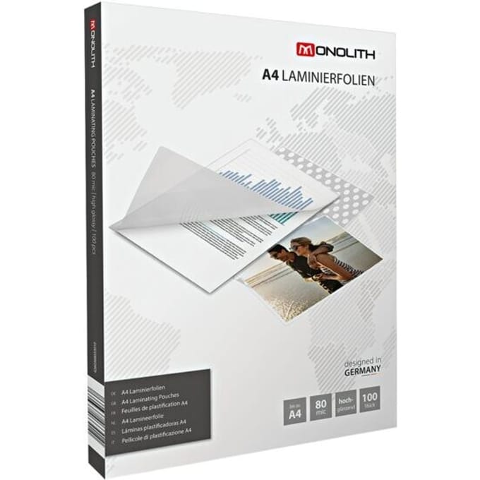 Monolith Laminierfolien DIN A4 - Glasklar - 80 Mikron (2 x 80) - Transparent - 100 Hüllen