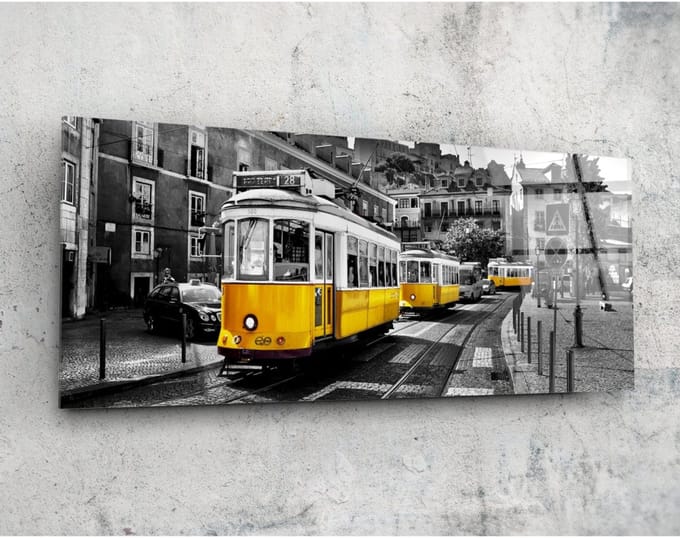 Panorama Glasschilderij - Lisbon - Gele Tram - 92 x 36 cm